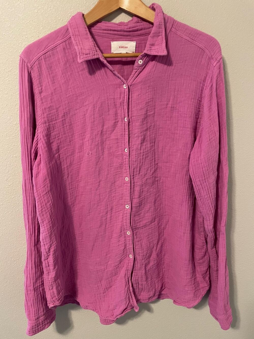 Xirena Button Up Shirt Womens XL Pink Cotton Gauze Long Sleeve Boho READ